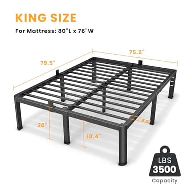 Superay 20 Inch King Size Metal Platform Bed Frame with Round Corners, Storage Space Under High Bed Frame-Heavy Duty Steel Slats Support, Noise Free - Easy Assembly - No Box Spring Needed - Image 3
