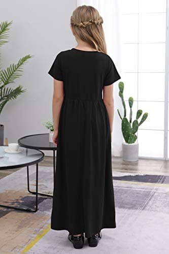 GORLYA Girl's Short Sleeve Floral Print Loose Casual Holiday Long Maxi Dress with Pockets (8Years/Height:130cm, Black Color) - Image 2