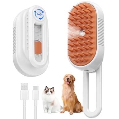 Cat Steam Brush for Shedding, 4 in 1 Rechargeable Steam Brush for Cats and Dogs, Anti-Static, Massage, Cleaning, Shedding & Combing All In One Ear Wax Removal Tool Camera (white Orange) - Image 1