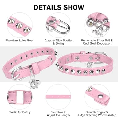 DILLYBUD Leather Cat Collars for Boy Girl Cats with Bell and Safety Elastic Belt, Personalized Rivets Stud Adjustable Safe Buckle Collar with Skull Charm for Kitty Small Pets, Halloween Cat Collar - Image 2