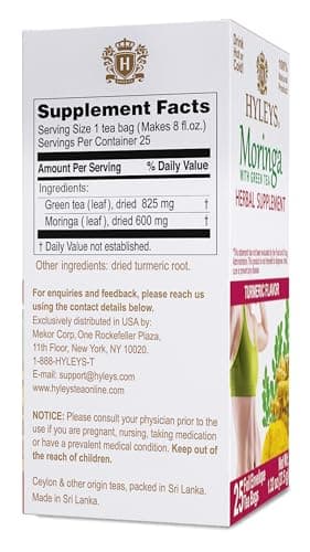 Hyleys Moringa Oleifera and Green Tea Turmeric Flavor - 25 Tea Bags (6 Pack - 150 Tea Bags Total) - Superfood Miracle Tree Tea with Dried Moringa Oleifera Leaves - Image 3