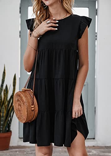 KIRUNDO Womens Dresses Summer Casual Sleeveless Ruffle Sleeve Round Neck Black Loose Short Flowy Pleated Mini Babydoll Dress (Black, Medium) - Image 3