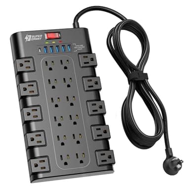 Extension Cord 10 Ft, SUPERDANNY Power Strip Surge Protector with 6 USB Charging Ports and 22 AC Outlets, 1875W/15A, 2100 Joules, Flat Plug Power Outlet for Home, Office, Dorm, Gaming Room, Black - Image 1