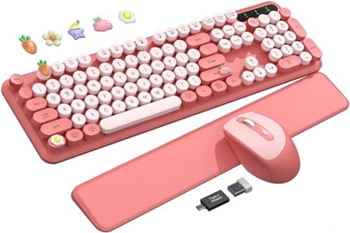 Wireless Keyboard and Mouse Combo, Blush Pink for Aesthetic Desk, Magnetic Wrist Rest, Full-Size Retro Typewriter Keyboard with Round Keycaps, Sleep Mode, 2.4GHz Cordless for Mac/Windows/PC, Trueque - Image 1