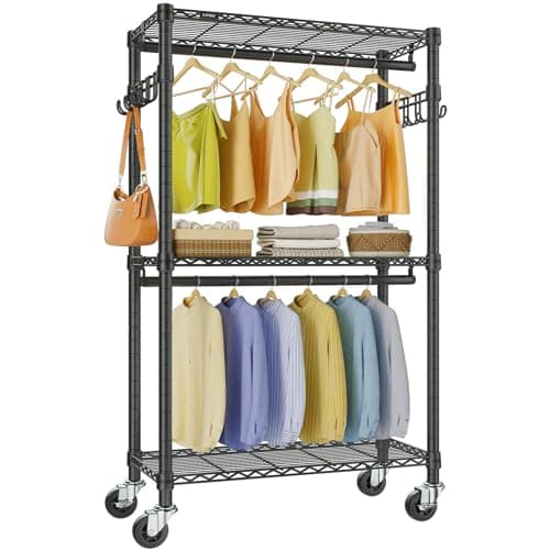 VIPEK R2 Mini Rolling Clothes Rack Heavy Duty Clothing Rack for Hanging Clothes Adjustable Portable Closet Metal Clothes Racks with Wheels Double Rods Side Hooks, Freestanding Garment Rack, Black - Image 1