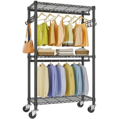 VIPEK R2 Mini Rolling Clothes Rack Heavy Duty Clothing Rack for Hanging Clothes Adjustable Portable Closet Metal Clothes Racks with Wheels Double Rods Side Hooks, Freestanding Garment Rack, Black - Image 1