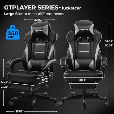 GTPLAYER Gaming Chair with Footrest, Big and Tall Game Chair 350lb Racing Style Computer Chair, Ergonomic Executive Office Chair High Back with Lumbar Support and Recliner, Light Gray - Image 2