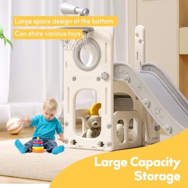 Baotree 6 in 1 Toddler Playset with Slide, Kids Slide with Basketball Hoop, Ball, Ring Toss, Indoor Outdoor Toys (White Grey) - Image 4
