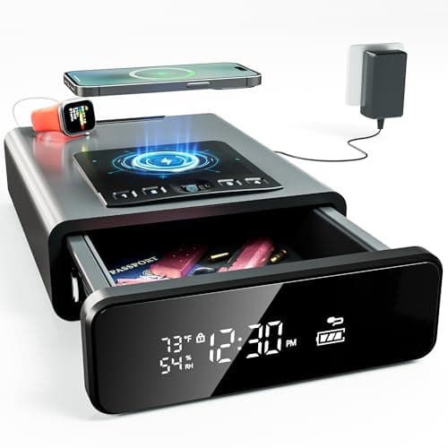 Mboko Biometric Discreet Gun Safe with 12-Hour Time Clock Display, Wireless Charging Pistol Safe for Handgun with Adjustable Brightness, Backlit Keypad, LED Light, and Auto Pop-up Access(Gray) - Image 1