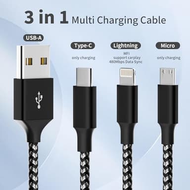 Multi Charging Cable,(2Pack 4FT) 3 in 1 Charging Cable for Multiple Devices, Nylon Braided Universal Charger Phone Charger Cord with Type-C,Micro USB,IP Port for iPhone16/15 Series/Phone&Pad - Image 2