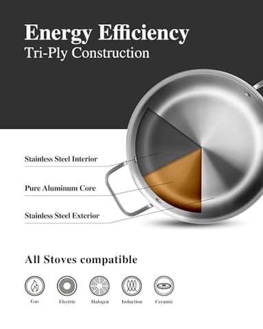 Stainless Steel Cookware Set,Tir-Ply Pots and Pans Set,10 Pcs Stainless Steel Induction Kitchen Cookware Sets,PFOA Free, Frying Pans,Saucepans,Saute Pan & Stock Pot,Compatible with All Cooktops - Image 8