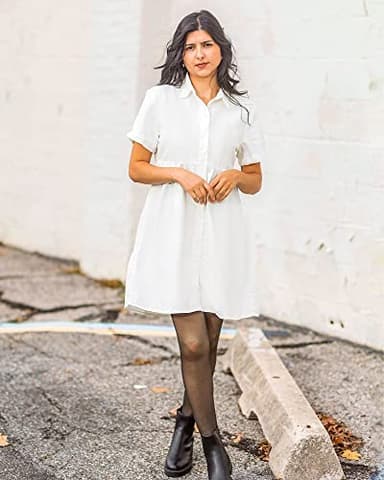 LookbookStore Women's Short Sleeve Babydoll Dress with Lapel Collar Button Down Dress Loose Fit Denim Dress for Women Casual Brilliant White Size S - Image 7