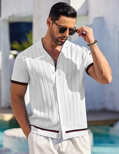 COOFANDY Summer Shirt for Men Vintage Polo Shirts Short Sleeve Knit Button Down Shirt White - Image 4