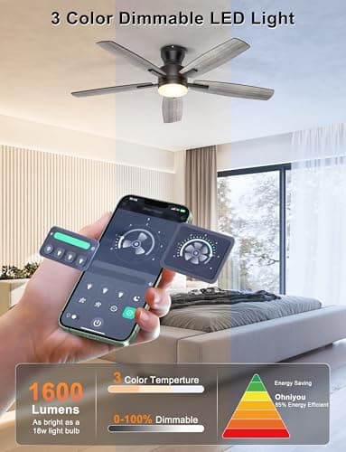Ohniyou Ceiling Fans with Lights, 52'' Low Profile Ceiling Fan with Light and Remote/APP Control, Modern Flush Mount Ceiling Fan for Indoor Bedroom Living Room, Dimmable, Qiuet DC Motor, Black - Image 2