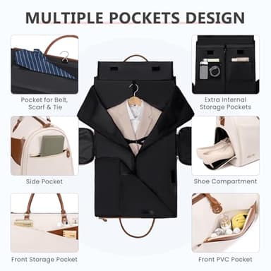 Convertible Garment Duffle Bag for Travel, Carry On Garment Bag for Women, 2 in 1 Travel Garment Bag with Shoe Compartment, Foldable Suit Travel Bag for Hanging Clothes, Beige - Image 3