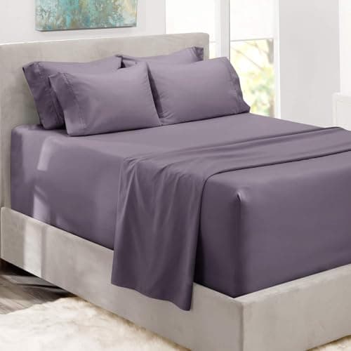 Hearth & Harbor Bed Sheets, Luxury Soft 6 Piece Bed Sheet Set Extra Deep Pocket Fitted Sheets Fits Mattress up to 21", Double Brushed Bedding Sheets & Pillowcases, Queen, Prpulish Gray - Image 1