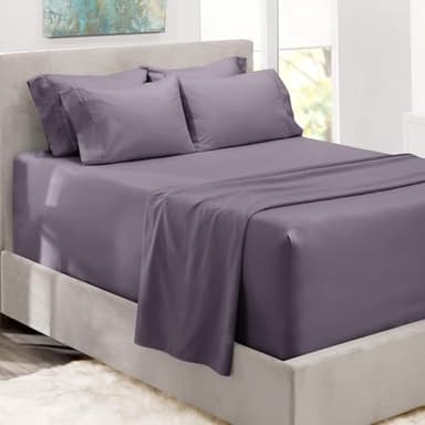 Hearth & Harbor Bed Sheets, Luxury Soft 6 Piece Bed Sheet Set Extra Deep Pocket Fitted Sheets Fits Mattress up to 21", Double Brushed Bedding Sheets & Pillowcases, Queen, Prpulish Gray - Image 1