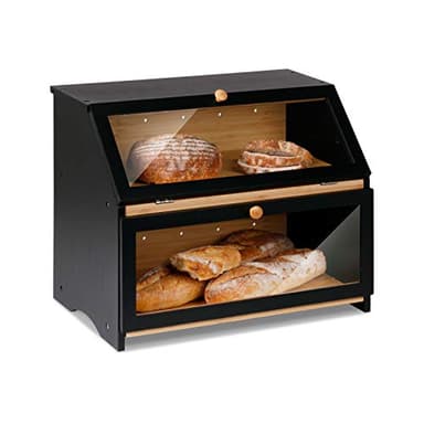 HOMEKOKO Double Layer Large Bread Box for Kitchen Counter, Wooden Large Capacity Bread Storage Bin (Black) - Image 1