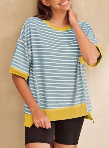 SHEWIN Womens Summer Tops Casual Crewneck Short Sleeve Shirts Oversized Sweatshirt Lightweight Knit Tunic Top Loose T Shirts for Women 2025 Spring Clothes Dusk Blue Stripe M - Image 3