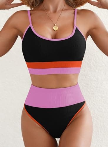 Herseas Women Bikini Color Block Striped Knit Ribbed 2 Piece High Waisted Swimsuit Sporty Tummy Control Bathing Suits Black Pink Colorblock Medium 8 10 - Image 5