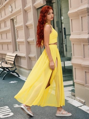 Women Sexy 2 Piece Outfits Dress Chiffon Strap Deep V Neck Bra Crop Top High Split Maxi Dresses Skirt Set Swimwear Cover Ups Yellow M - Image 4
