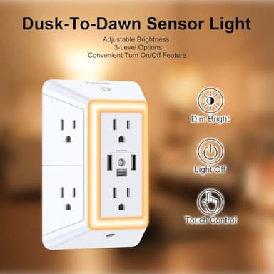 Outlet Extender USB Wall Charger - POWRUI 6 AC Surge Protector Outlets with 3 USB Ports (1 USB C) and Night Light, 3-Sided Multi Plug Wall Outlet Power Strip with Spaced Outlets, ETL Listed, White - Image 3