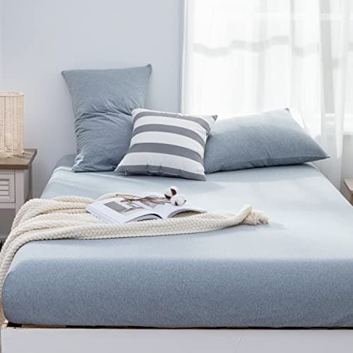 LIFETOWN 100% Jersey Knit Cotton Sheet, Extra Deep Pocket, 1 Fitted Sheet with 2 Pillowcases, Wrinkle-Free Ultra Soft (Heathered Greyish Blue, King) - Image 1