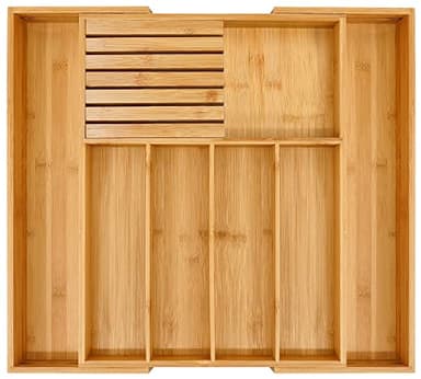 VaeFae Bamboo Silverware Drawer Organizer Kitchen, Expandable Utensil Organizer with Knife Block, Cutlery Tray with Divider, Multifunctional Wooden Drawer Organizer - Image 1