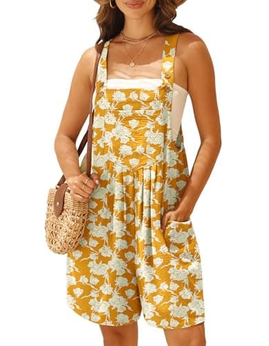 GRECERELLE Jumpsuits For Women Summer Short Overalls Casual Adjustable Loose Women's Rompers with Pockets 2025 Yellow White Flower-S - Image 1