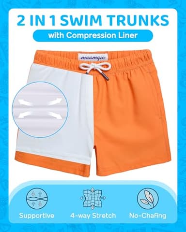 maamgic Boys Swim Trunks with Compression Liner 4-Way Stretch Quick Dry Swim Shorts Swimming Trunks Toddler Warm Orange 3T - Image 2