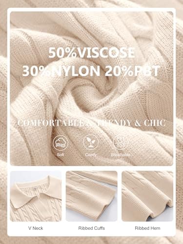 ANRABESS Womens Cable Knit Sweaters Long Sleeve V Neck Sweater Tops Casual Pullover Polo Shirts 2025 Fall Fashion Outfits Parchment Beige L - Image 6