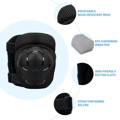 GEQID Kids Knee Pads Elbow Pads Wrist Guards Set ,Protective Gear for 4-6-12 Boys Girls Roller Skating Scooter Skateboarding Bike (Black, Free Size (4-12 Years or 40-80lbs)) - Image 4
