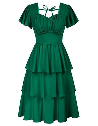 Belle Poque Layered Ruffle Dress with Short Flounce Sleeves for Women 2025 Vinate Elegant Square V Neck Flare Dress Dark Green - Image 1