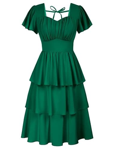 Belle Poque Layered Ruffle Dress with Short Flounce Sleeves for Women 2025 Vinate Elegant Square V Neck Flare Dress Dark Green - Image 1