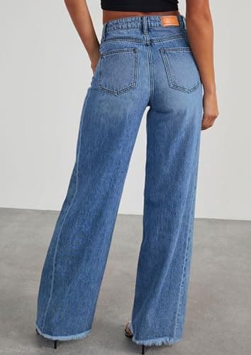 PRETTYGARDEN Wide Leg Jeans for Women Trendy 2025 High Waisted Stretchy Baggy Raw Hem Denim Palazzo Pants with Pockets (Dark Blue,14) - Image 3
