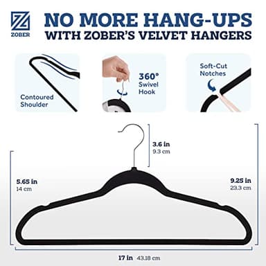 Zober Velvet Hangers 50 Pack - Black for Coats, Pants & Dress Clothes - Non Slip w/ 360 Degree Swivel, Holds up to 10 lbs - Strong Felt Hangers for Clothing - Image 3
