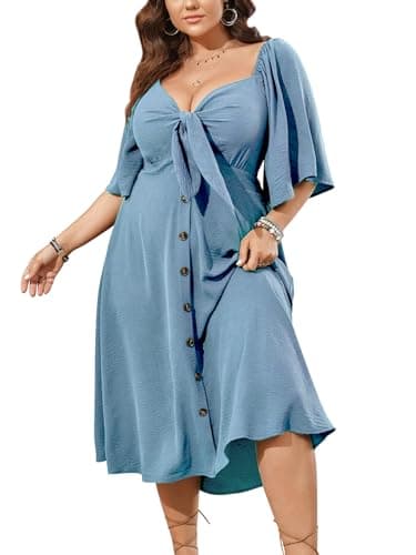 SCOMCHIC Plus Size Summer Dress Casual Short Sleeve Bow Tie Deep V Neck Smocked Button Down Midi Flowy A-line Boho Dresses Blue - Image 1