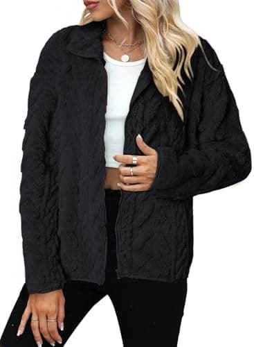 Dokotoo Winter Fleece Womens Short ShacketJackets Zipper Up Winter Fuzzy Long Sleeves Side Pockets Plus Size Coats,Black Medium - Image 3