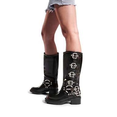 DREAM PAIRS Women's Knee High Riding Boots Side Zipper Motorcycle Boots Square Toe Chunky Heel Fashion Buckles Biker Boots,Size 7,Black/Brown,SDKB2416W - Image 5