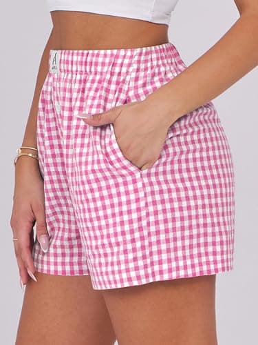 ANRABESS Boxer Shorts for Women Gingham Pajama 2025 Summer Casual Lounge Sleep Plaid Shorts Y2K Beach Bottoms Hot Pink White Plaid X-Large - Image 3