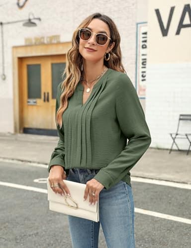 Blooming Jelly Women's Dressy Casual Blouses Business Work Tops Trendy Long Sleeve V Neck Flowy Pleated Shirts 2025 Fall Outfits (Army Green,Medium) - Image 7