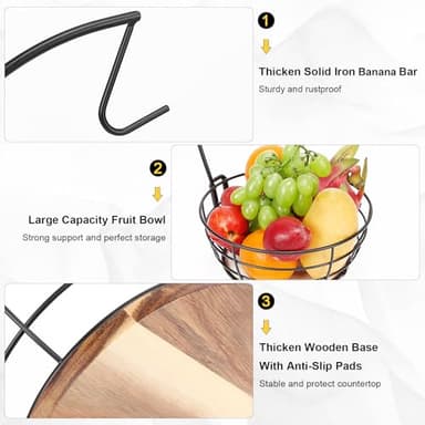 Livabber Countertop Fruit Basket Bowl with Banana Hanger, Modern Standing Fruit Vegetable Bowl Storage, with Banana Tree Holder for Kitchen Dinning Table (Round Wood, Black) - Image 4