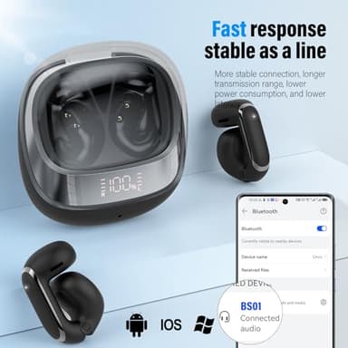 Wireless Earbuds, Clip On Ear Headphones, Bluetooth 5.4 HiFi Stereo Earbuds, 42H, LED Display Ear Buds, Comfortable Lightweight, IP7 Waterproof Open Ear Earphones, Earbud for Workouts Running, Black - Image 6