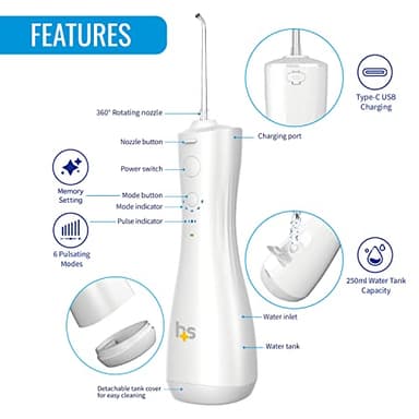HealthSmart Compact Cordless Water Flosser, Rechargeable Type-C USB, Removes Food Particles, 4 Cleaning Nozzles, 6 Pulsating Modes, 250ml Water Tank, FSA & HSA Eligible, Promotes Healthy Gums - Image 2
