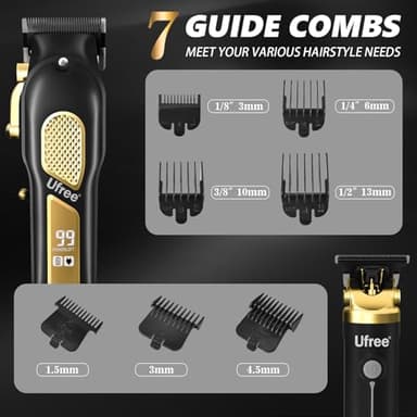 Ufree Hair Clippers for Men, Professional Clippers and Trimmers Set, Cordless Clippers for Hair Cutting, Beard Trimmer, Barber Clippers, Rechargeable Electric Shaver, Gifts for Men, Black Gold - Image 6