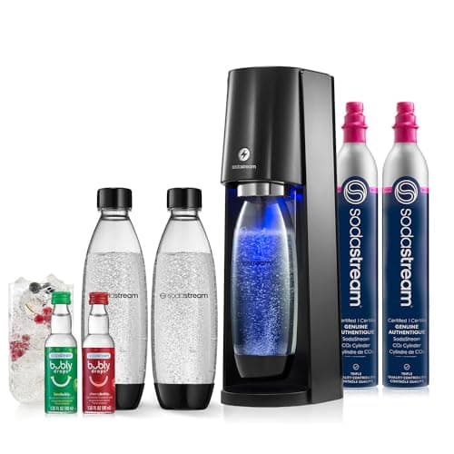SodaStream - E-TERRA Soda Maker | VALUE BUNDLE | 3 Automatic Carbonation Levels | Includes 2x CO2 Cylinders, 3x 32 Fl Oz Dishwasher Safe Bottles, 2x Bubly Fruit Flavor Drops, 1x Power Adapter | Black - Image 1