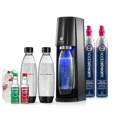 SodaStream - E-TERRA Soda Maker | VALUE BUNDLE | 3 Automatic Carbonation Levels | Includes 2x CO2 Cylinders, 3x 32 Fl Oz Dishwasher Safe Bottles, 2x Bubly Fruit Flavor Drops, 1x Power Adapter | Black - Image 1