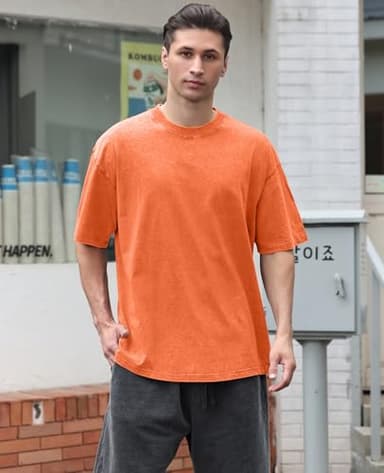 3 Pcs Oversized Heavy Cotton Summer T-Shirts Vintage Unisex Short Sleeves Casual Loose Basic Tops(A-Orange+Beige+Black L) - Image 2