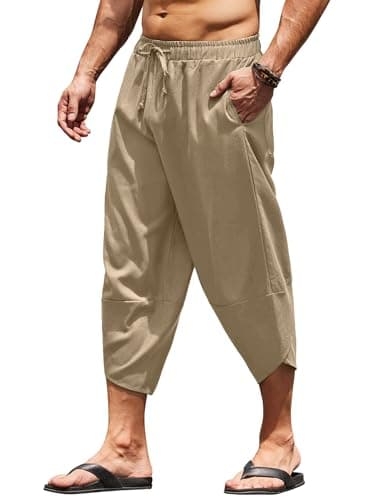 COOFANDY Men's Cotton Linen Pants Casual Harem Pants Elastic Waist Casual Beach Boho Yoga Trousers with Pockets Light Brown - Image 1