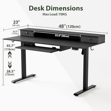 Agilestic Electric Standing Desk with 2 Drawers and Keyboard Tray, 48 x 23 Inches Ergonomic Adjustable Height Desk with Storage, Sit Stand Computer Workstation, Black - Image 3